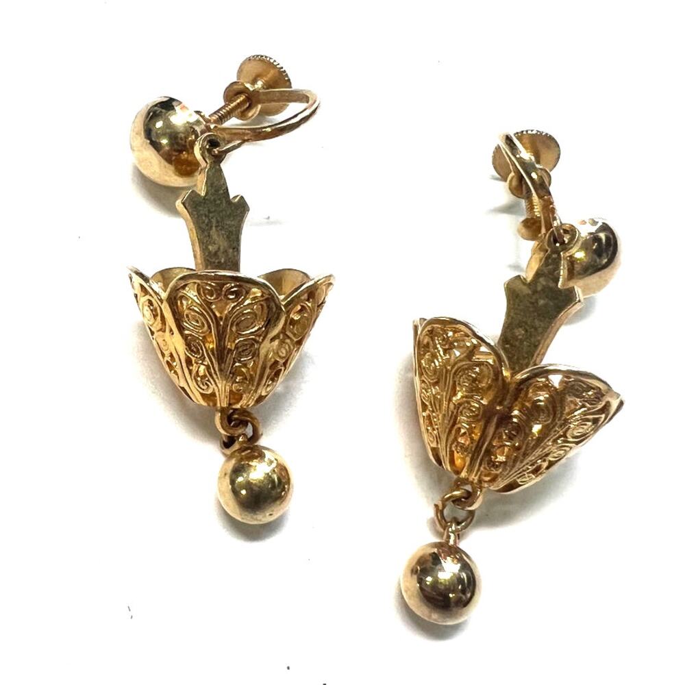 Vintage Mid Century gold-tone screw-back dangle Earrings filigree tulip hanging